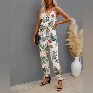 Tropical Coastal Jungle Leafy Floral White Green Sleeveless Side Slit Jumpsuit